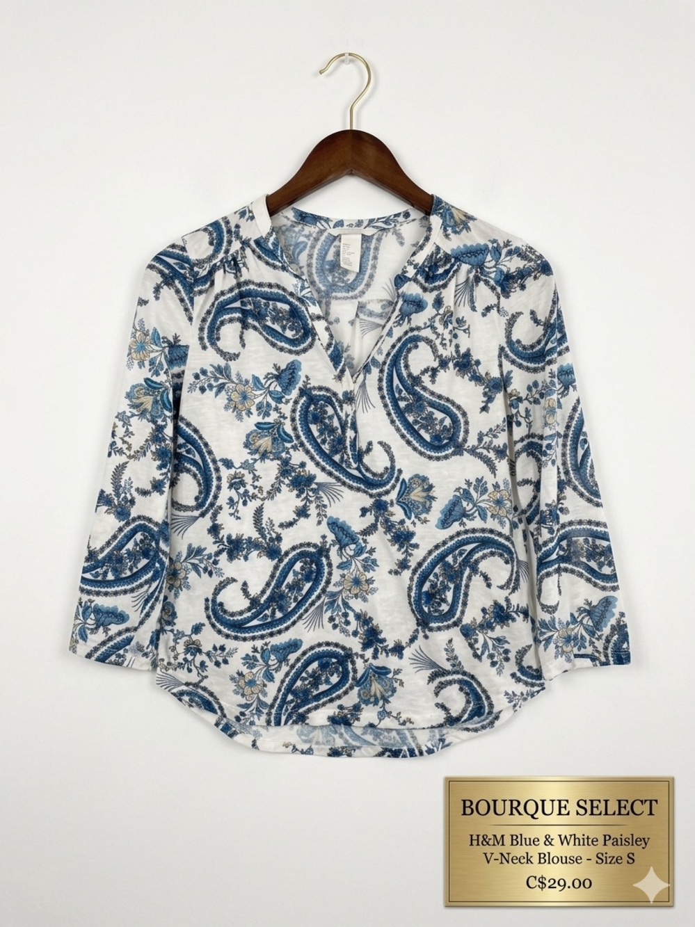 H&M Blue & White Paisley V-Neck Blouse - Size S - EUC